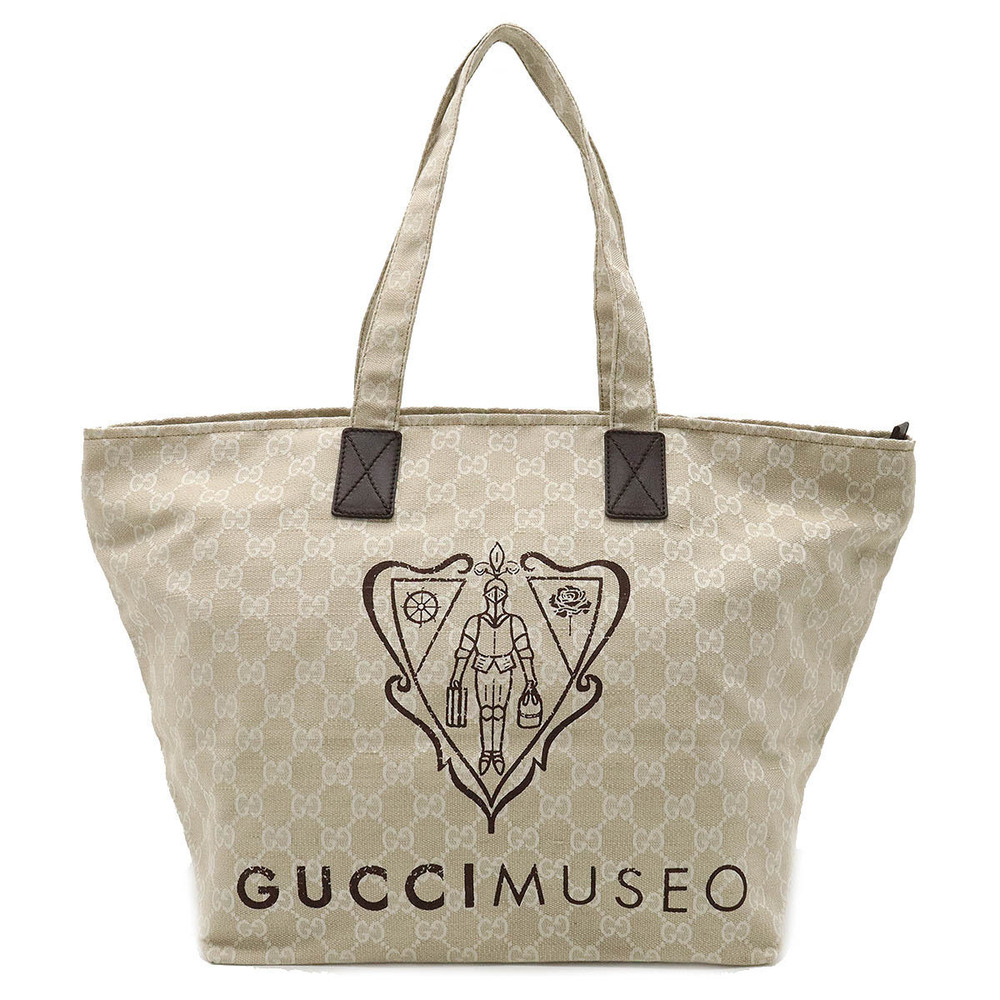 Gucci MUSEO Canvas Tote Bag Shoulder Leather Beige Cream Brown